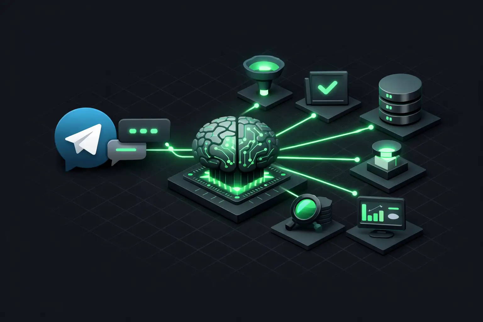 Схема AI-пайплайна: Telegram, LLM-мозг, модули обработки
